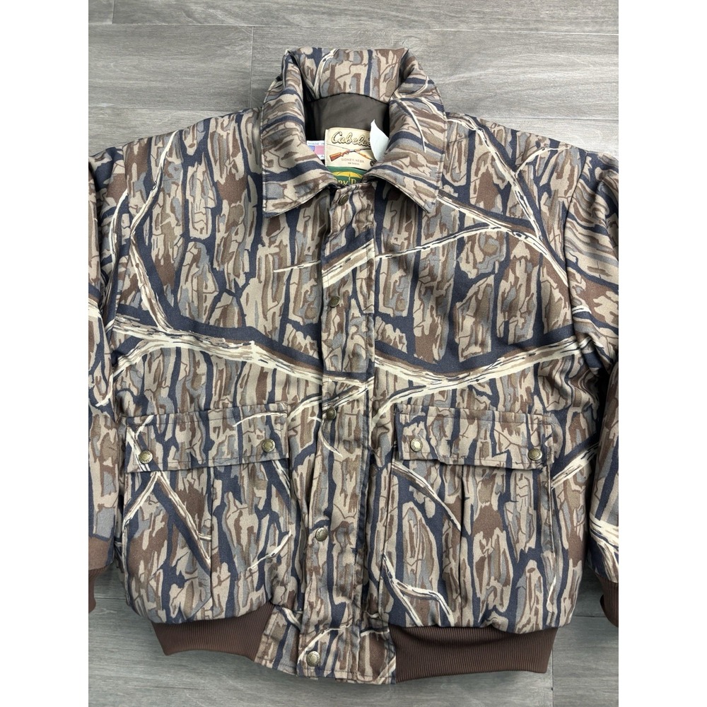 90s Cabelas Dry-Plus Trebark Camo Hunting Bomber Jacket 3m Thinsulate Sz L USA